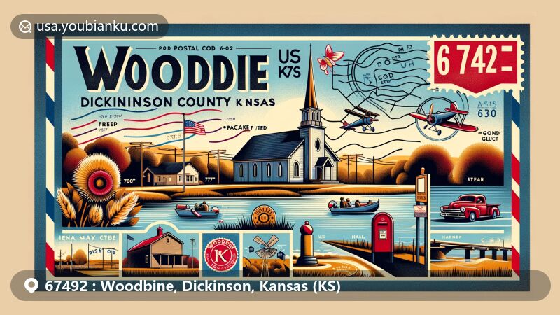 Charming illustration of Woodbine, Dickinson County, Kansas, inspired by vintage postcards and air mail envelopes, featuring landmarks like Dickinson County outline, Methodist Church, Lions Club Pancake Feeds, and Christmas Tree Lighting event, with hints of highways US 77 and K-209, fishing lakes. Postal theme includes stamp, 'Woodbine, KS 67492' postmark, red postal box, creating vibrant and historical artwork.