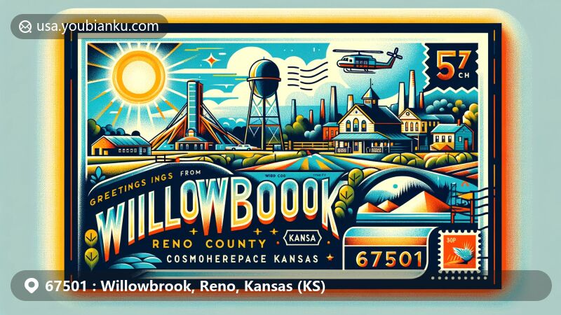 Illustration of Willowbrook, Reno County, Kansas, showcasing postcard-style design with ZIP code 67501, featuring Hutchinson Salt Mines (Strataca), Cosmosphere space museum, and typical Kansas landscapes.