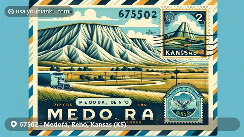 Modern illustration of Medora, Reno, Kansas, highlighting Chalk Pyramids natural landmark, vintage postcard design with air mail envelope and stamp, featuring ZIP code 67502, postal mark, and classic American mailbox.