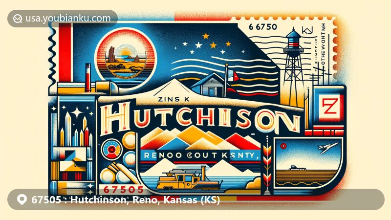 Modern illustration of Hutchinson, Reno County, Kansas (KS), featuring Hutchinson flag background, Reno County outline, and representations of salt mines or crystals, with vintage postcard, stamp with ZIP code 67505, and postal imagery.