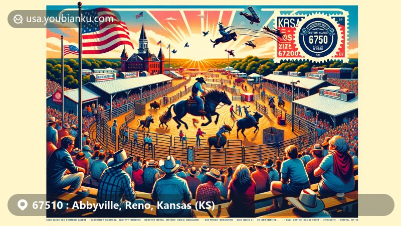 Modern illustration depicting Abbyville, Kansas, showcasing the community spirit of Abbyville Frontier Days PRCA Rodeo with activities like barrel racing and bull riding, featuring Kansas state flag and vintage postal elements.