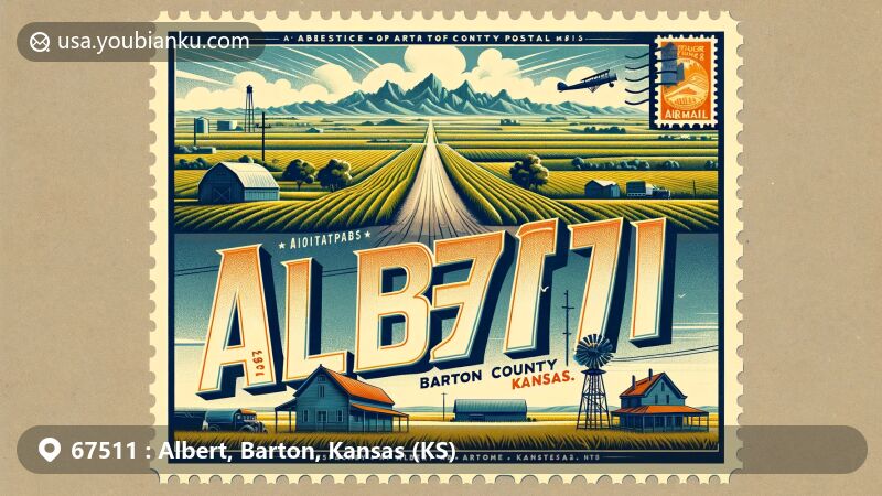 Modern illustration of Albert, Barton County, Kansas, capturing small-town charm and local landmarks, set against the backdrop of Kansas plains, with vintage postal elements and a Kansas state flag stamp.