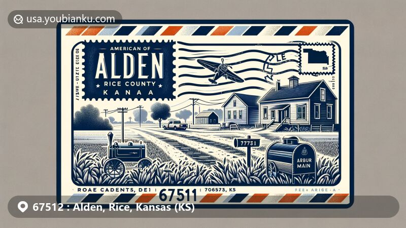 Modern illustration of Alden, Rice County, Kansas, showcasing postal theme with ZIP code 67512, featuring Kansas state flag, Rice County silhouette, and charming community elements.