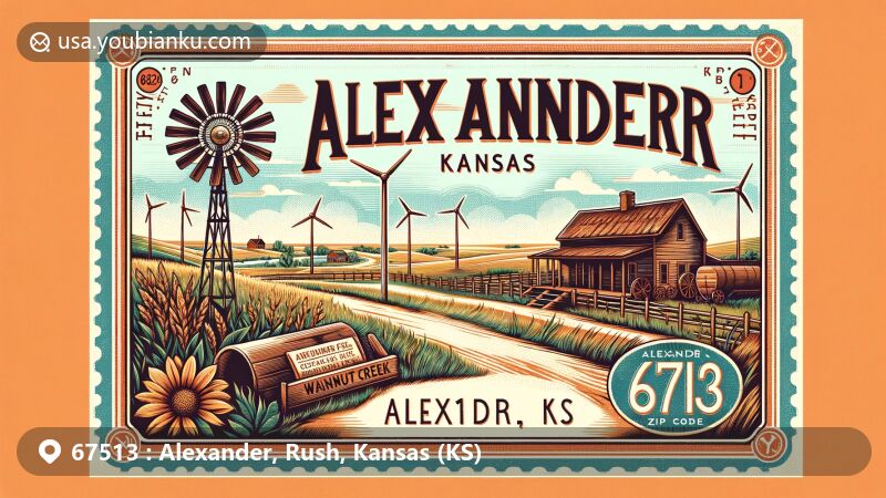 Modern illustration of Alexander, Kansas, highlighting the ZIP code 67513 with key elements like an old trading post, Walnut Creek, Alexander Wind Farm, Kansas state symbols, historical marker, and postal theme.