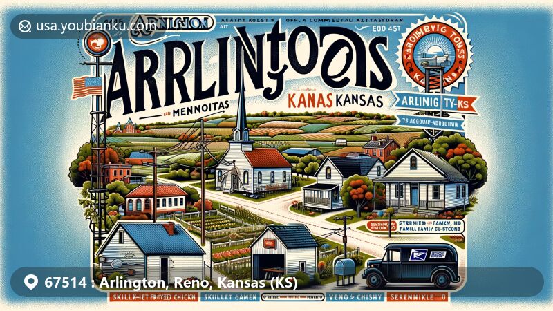 Modern illustration of Arlington, Reno, Kansas, highlighting unique charm and community spirit, featuring Carolyn's Essenhaus with Amish Mennonite cuisine, showcasing Midwestern landscape and postal theme with Kansas state flag and vintage postal elements.