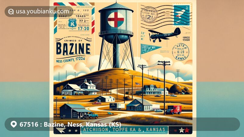 Modern illustration of Bazine, Ness County, Kansas, featuring 'Christ Pilot Me' hill marker and postal elements, capturing the town's history, community spirit, and railway heritage.
