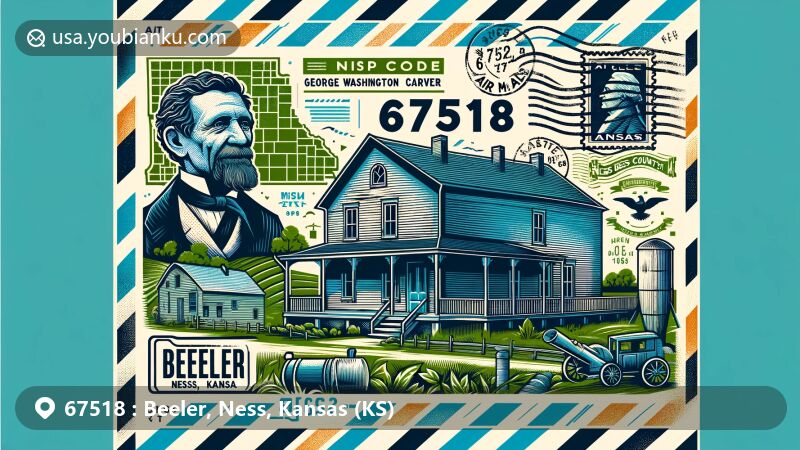 Modern illustration of Beeler, Ness County, Kansas, featuring George Washington Carver Homestead and stylized map outline of Ness County, representing local history and connection to the historical figure. Merging postal theme with air mail envelope design, showcasing postal decorations and symbols of ZIP code 67518.