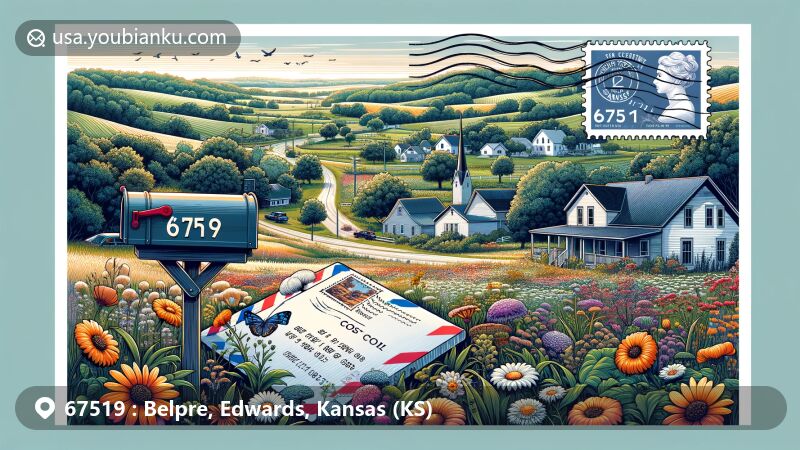 Modern illustration of Belpre, Edwards County, Kansas, featuring postal theme with ZIP code 67519, showcasing rural environment, community life, and close contact with nature.