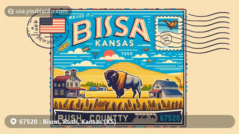 Modern illustration of Bison, Kansas, showcasing postal theme with ZIP code 67520, featuring Kansas state flag, Rush County map outline, and iconic American bison.