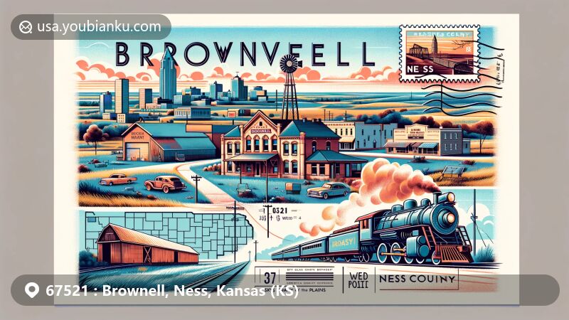 Modern illustration of Brownell, Ness County, Kansas, featuring postal theme with ZIP code 67521, showcasing Old Ness County Bank Building and local landmarks.
