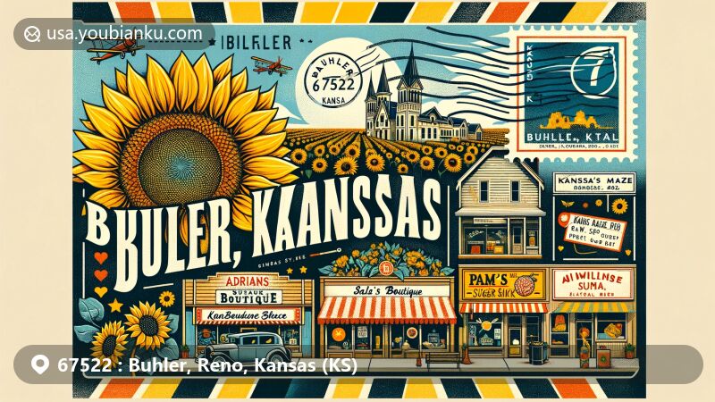 Modern illustration of Buhler, Kansas, showcasing regional sunflower fields, downtown scene with local shops, Kansas symbols, and postal elements like vintage airmail envelope and Buhler postmark.