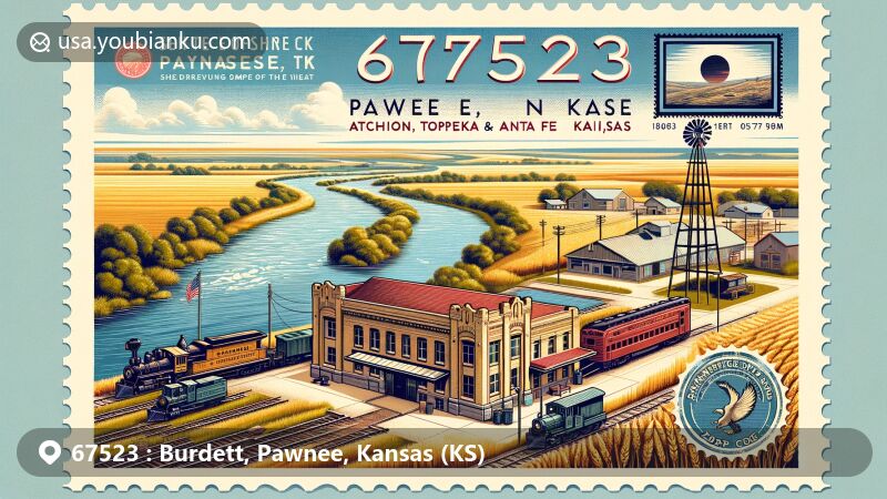 Modern illustration of Burdett, Pawnee, Kansas, highlighting Atchison, Topeka & Santa Fe Railroad Depot, Pawnee River, wheat fields, and subtle reference to Dr. Clyde Tombaugh, discoverer of Pluto.