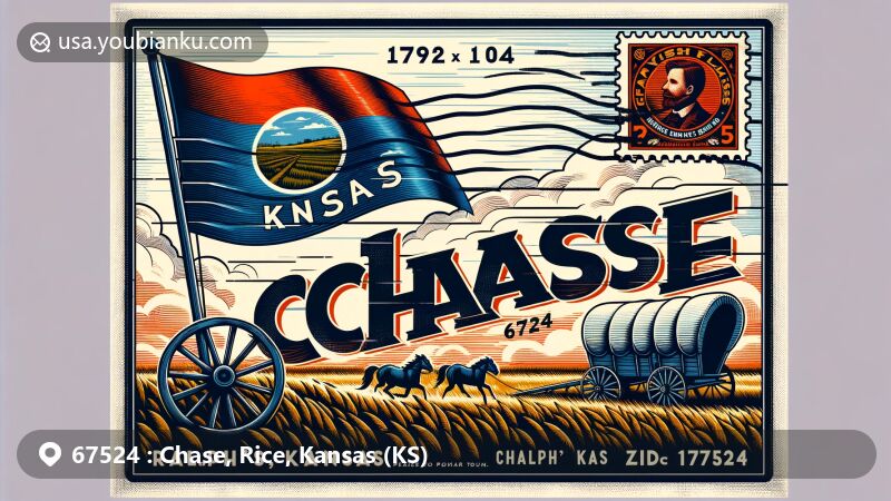 Modern illustration of Chase, Kansas, showcasing postal theme with ZIP code 67524, featuring Ralph's Ruts and Kansas state flag.