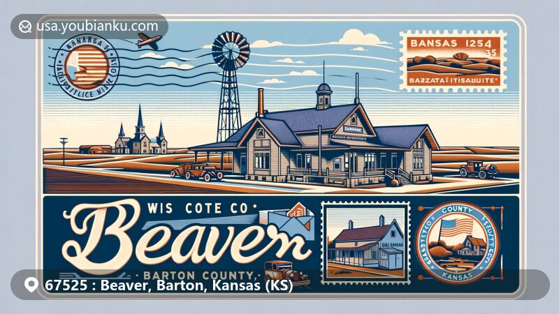 Modern illustration of Beaver, Barton County, Kansas, inspired by ZIP code 67525, featuring Kansas Oil & Gas Museum and Barton County Historical Society Museum and Village, showcasing the area's rich history and cultural heritage.