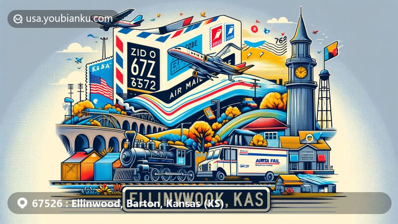Modern illustration of Ellinwood, Barton County, Kansas, featuring a creative air mail envelope with vibrant depictions of landmarks like Downtown Tunnels and Santa Fe Trail marker. Stamps showcase Kansas state flag, Arkansas River, and Barton County's agricultural landscape.
