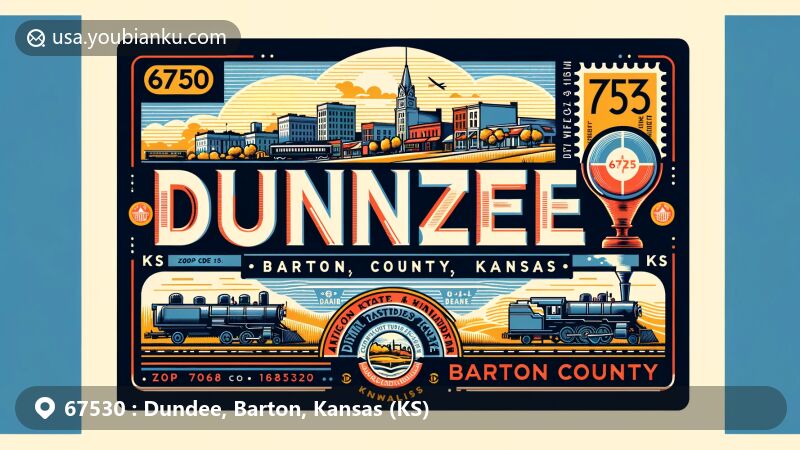 Modern illustration of Dundee, Barton County, Kansas, showcasing postal theme with ZIP code 67530, highlighting state outline, historical railway influence, Great Bend CBD silhouette, and classic postal elements.