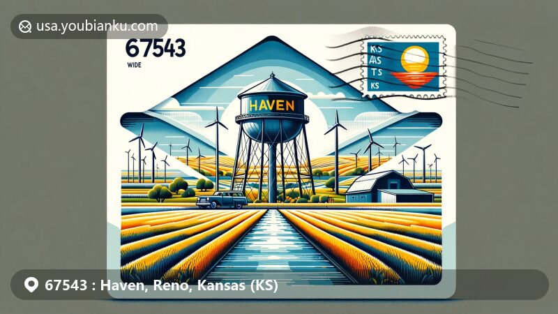 Vibrant illustration of Haven, Reno County, Kansas, capturing the essence of ZIP code 67543 with a modern artistic style. Features Haven Water Tower as a central symbol, surrounded by rural landscapes and innovative postal elements.
