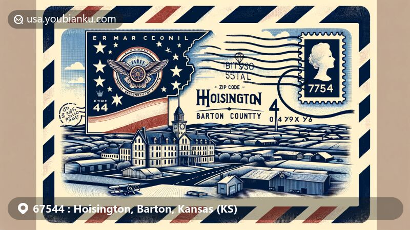 Modern illustration of Hoisington, Barton County, Kansas, highlighting ZIP code 67544 with state flag, Barton County map, and Lind Hospital, in a creative postcard design with vintage airmail envelope border and Clara Barton postal stamp.