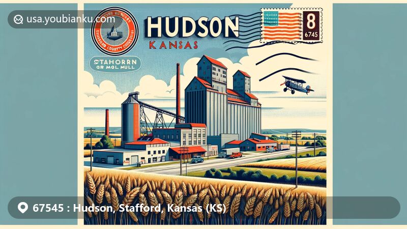 Modern illustration of Hudson, Kansas, focusing on agricultural heritage with vast wheat fields, Stafford County Flour Mills, vintage postal elements, and the Kansas state flag.