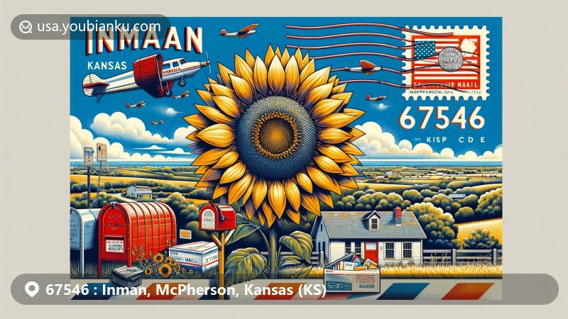 Modern illustration of Inman, Kansas, showcasing sunflower, postal elements, and small-town charm, with ZIP code 67546 and vintage air mail envelope.