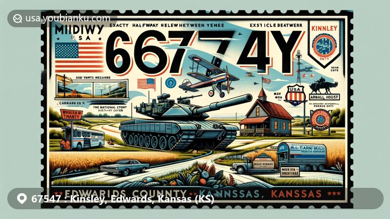 Modern illustration of Kinsley, Edwards County, Kansas, representing ZIP code 67547, featuring iconic Midway USA sign, M60A3 tank from All Veterans Memorial, Edwards County Historical Museum, Sod House, and National Foundation for Carnival Heritage Center.