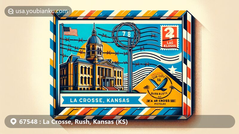 Modern illustration of La Crosse, Kansas, highlighting postal theme with ZIP code 67548, featuring Rush County Courthouse, Barbed Wire Museum element, and Kansas state flag.
