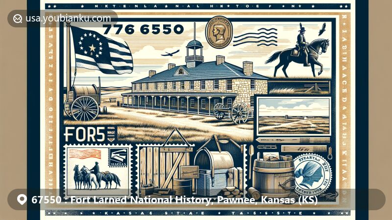 Modern illustration of Fort Larned National Historic Site in Kansas, showcasing sandstone buildings, prairie landscape, cavalry figure, and Kansas state flag, highlighting historical significance during Indian Wars period and role in protecting Santa Fe Trail.
