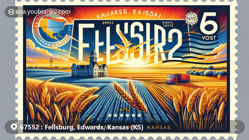 Modern illustration of Fellsburg, Edwards County, Kansas (KS), showcasing agricultural theme with wheat fields, Kansas outline, Edwards County courthouse, and postal element with zipcode 67552. Vibrant colors and stylized design capturing the essence of 'Midway USA'.