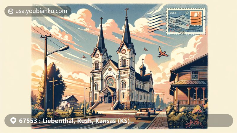 Modern illustration of Liebenthal, Rush County, Kansas, featuring St. Joseph's Catholic Church and Russian heritage symbolism, set against a backdrop of lush greenery and a sunny sky, with vintage postal elements like a postcard layout and ZIP code 67553.