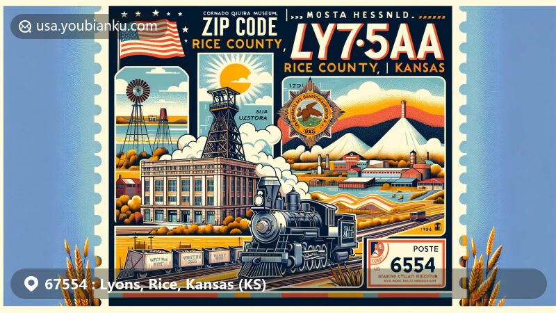 Modern illustration of Lyons, Rice County, Kansas, highlighting ZIP code 67554, featuring Coronado Quivira Museum, Western Salt Company, and symbols of Kansas culture and climate.