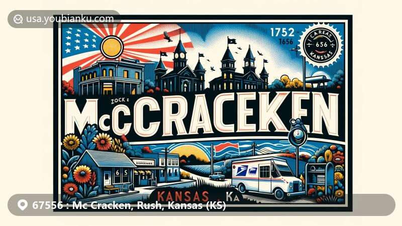 Creative wide-format illustration of McCracken, Rush County, Kansas, featuring local landmarks and postal elements, showcasing the town's history and cultural significance with a vintage American postal design.