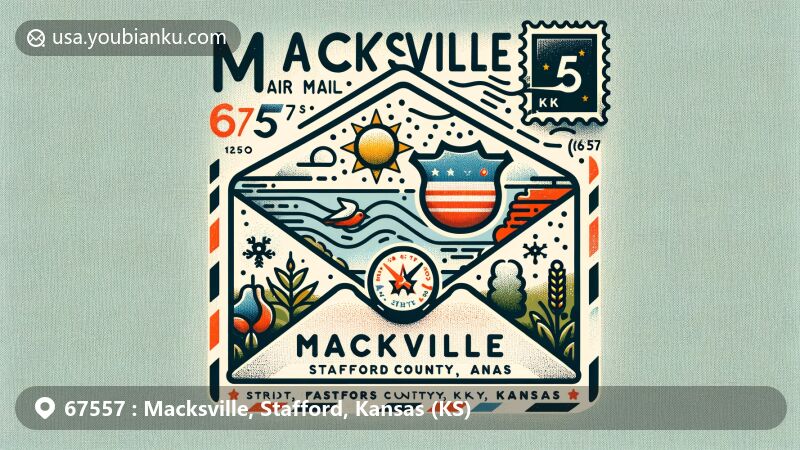 Modern illustration of Macksville, Stafford County, Kansas, featuring air mail envelope, postal theme for ZIP code 67557, Kansas state flag stamp, and Stafford County map outline.