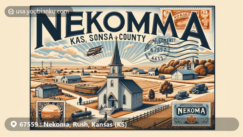 Modern illustration of Nekoma, Kansas, showcasing postal theme with ZIP code 67559, featuring local landmarks like the Atchison, Topeka & Santa Fe Railroad Depot and Nekoma State Bank.