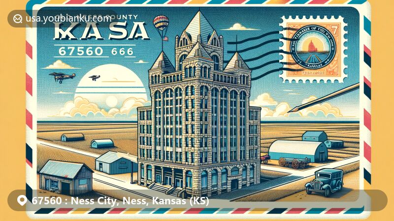 Creative postcard-style illustration of Ness City, Kansas, highlighting the 'Skyscraper of the Plains,' a renowned stone building with semi-circular arches, a pyramid roof, and cultural symbols, featuring postal elements like ZIP Code 67560 and vintage airmail motifs.