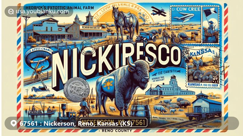 Modern illustration of Nickerson, Kansas, Reno County, blending historical and postal elements with local attractions like Hedrick's Exotic Animal Farm and events such as the Battle of Cow Creek. The design showcases the town's development through the railroad and salt industry, enclosed in a vintage postcard layout with an air mail border, a Kansas state flag stamp, and a postmark 'Nickerson, KS 67561'. The background subtly features Reno County's outline with a map texture, creatively highlighting the postal code in a vibrant illustrative style.