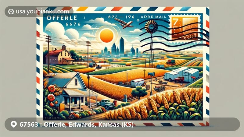 Modern illustration of Offerle, Kansas, blending agricultural heritage and postal themes, featuring postcard motif with ZIP code 67563 and vintage post office elements.