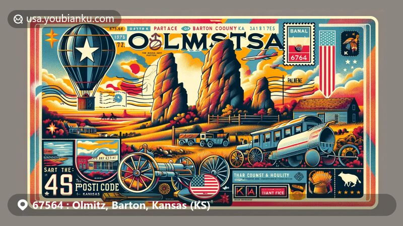 Modern illustration of Olmitz, Barton County, Kansas, showcasing a postal theme with ZIP code 67564, featuring Pawnee Rock and visual elements representing the region's history and communication, blending small-town charm with the spirit of adventure.