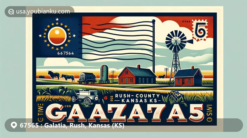 Modern illustration of Galatia, Rush County, Kansas, showcasing postal theme with ZIP code 67565, featuring Kansas state flag and rural landscape elements.