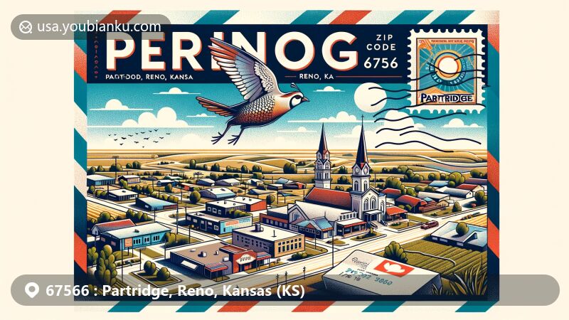 Modern illustration of Partridge, Reno, Kansas, highlighting small-town charm, community spirit, plains, and agriculture, with postal theme of airmail envelope featuring Kansas state flag and Quail, showcasing city's history and heritage.