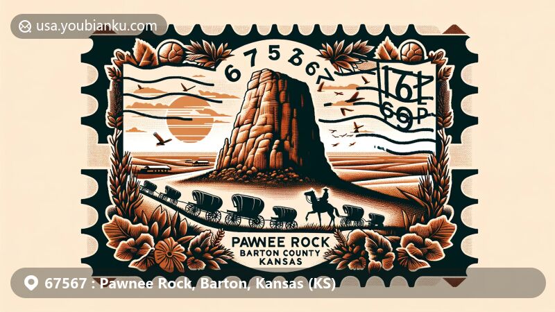 Modern illustration of Pawnee Rock, Barton County, Kansas, inspired by a postcard design with ZIP code 67567, showcasing the historic landmark on the Santa Fe Trail surrounded by wagon trains, native flora, and Kansas plains.