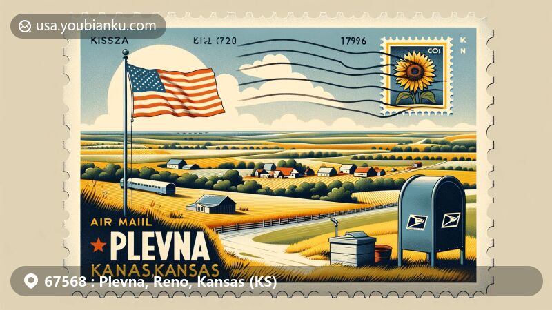 Modern illustration of Plevna, Kansas, featuring air mail postcard with ZIP Code 67568, showcasing Kansas map and rural scenery with farms, sunflower symbol, postal mailbox, and American flag.