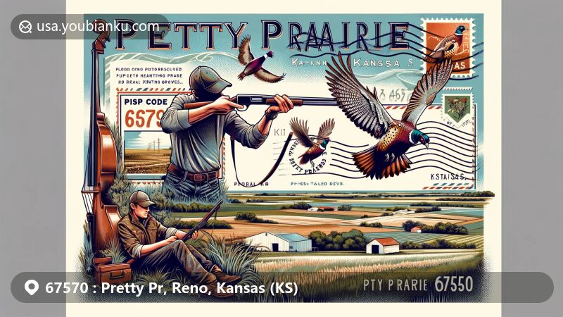 Modern illustration of Pretty Prairie, Kansas, capturing the essence of a quintessential prairie town with tranquil prairies, farm landscapes, and hunting theme, featuring pheasants and white-tailed deer, symbolizing Ringneck Haven hunting preserve and showcasing ZIP code 67570 in postcard style.
