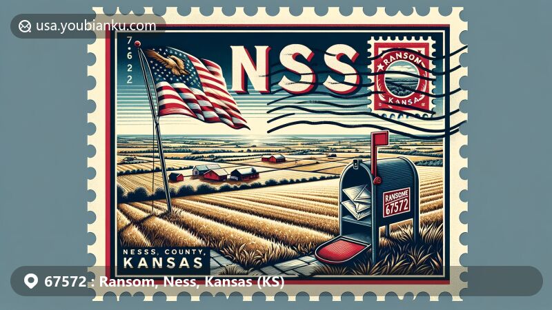 Vintage-style illustration of Ransom, Ness County, Kansas (KS), reflecting rural and agricultural essence with a modern postal twist, showcasing farmlands, Kansas prairies, and a creative postcard theme.
