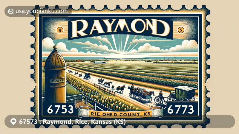 Modern illustration of Raymond, Rice County, Kansas, featuring vast flat lands, agricultural heritage, Quivira National Wildlife Refuge, and Raymond's Labor Day Parade within a postage stamp frame with '67573 Raymond, KS' postal mark and American mailbox symbol.