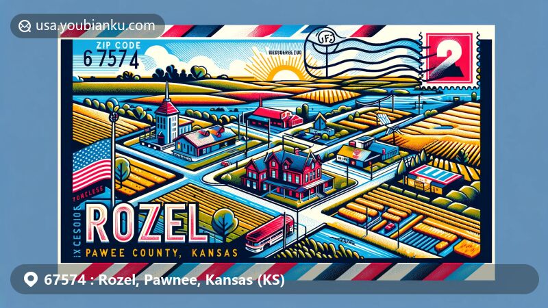 Modern illustration of Rozel, Pawnee County, Kansas, showcasing small-town charm and history, named after Roseila, a businessman's daughter, featuring stylized map outline or landmark, wide-open spaces, rural landscapes, and Midwest scenery.