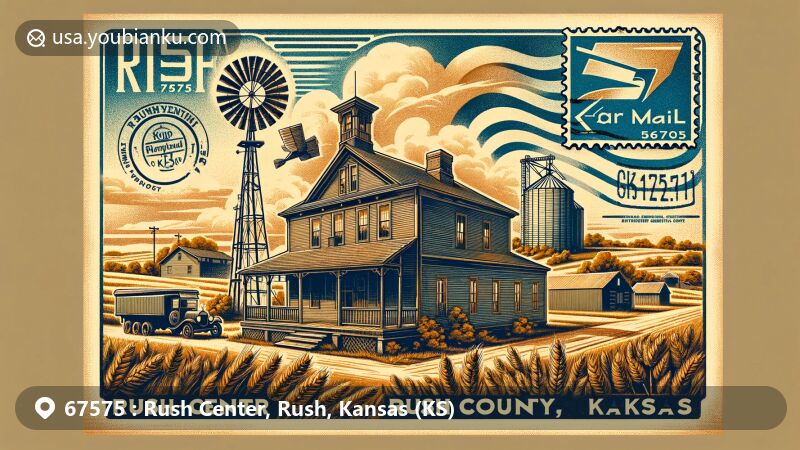 Modern illustration of Rush Center, Rush County, Kansas, showcasing postal theme with ZIP code 67575, featuring the Pennsylvania House, vintage air mail envelope, and grain elevator.