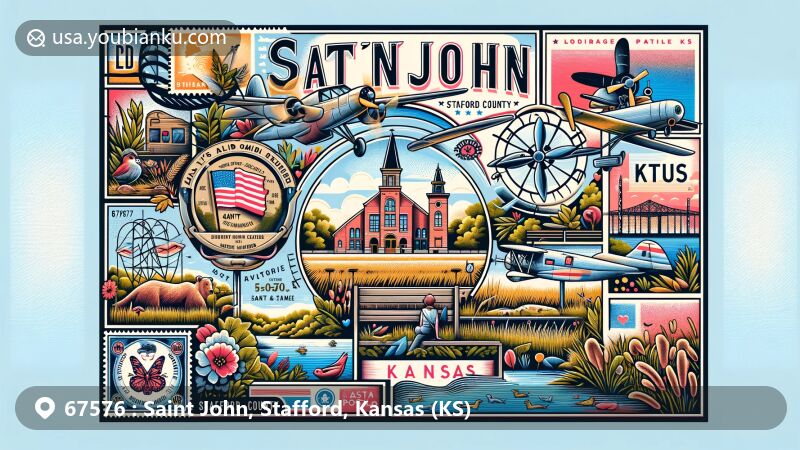 Modern illustration of Saint John, Stafford County, Kansas, featuring Kansas Wetlands Education Center, B-29 Memorial Plaza, vintage air mail elements, and postal theme with ZIP code 67576.