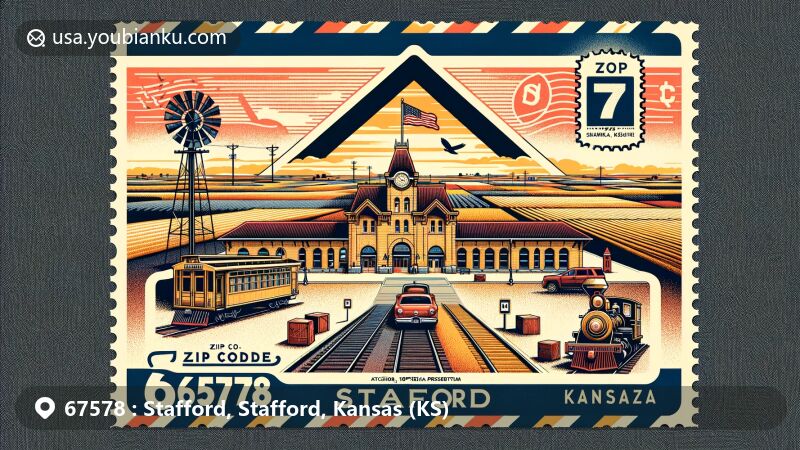 Modern illustration of ZIP code 67578, Stafford, Kansas, featuring vintage postal envelope with town symbols including Stafford Reformed Presbyterian Church and agriculture, set against Kansas landscapes and Atchison, Topeka and Santa Fe railroad depot.