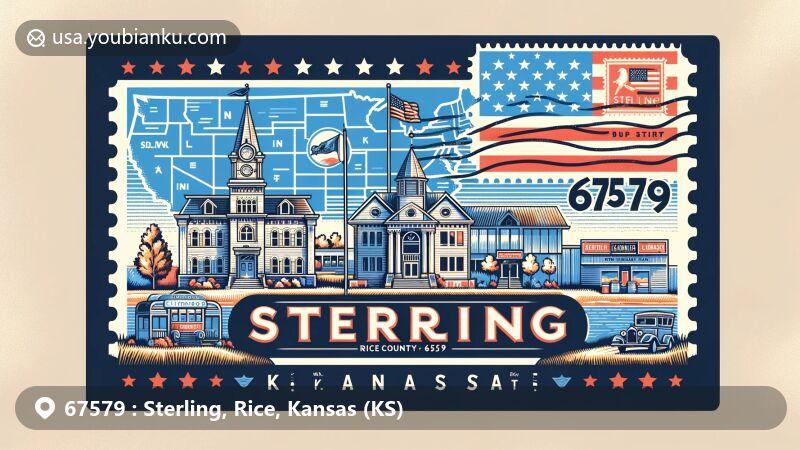Modern illustration of Sterling, Kansas, showcasing postal theme with ZIP code 67579, featuring Cooper Hall, Shay Building, and Sterling Carnegie Library, the Kansas state outline, Rice County location, and American flag.