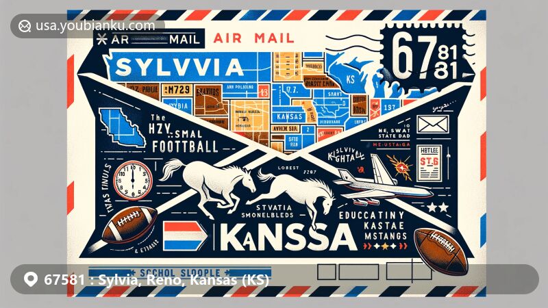 Modern illustration of Sylvia, Kansas, showcasing postal theme with ZIP code 67581, featuring Sylvia High School football record from 1927 and the educational legacy symbolized by the Sylvia High School Mustangs, integrating Kansas state symbols like the state flag.